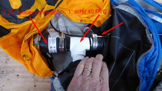 A couple of tricky parts. Plumbing attaches to the balloon via a rubber plumbing connector, white pipe T allows for a deflation port. A couple of tricky parts. Plumbing attaches to the balloon via a rubber plumbing connector, white pipe T allows for a deflation port.
