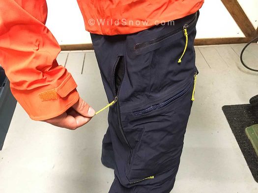 The small upper thigh pocket, medium thigh pocket and the vent positioned slightly rear of the side.