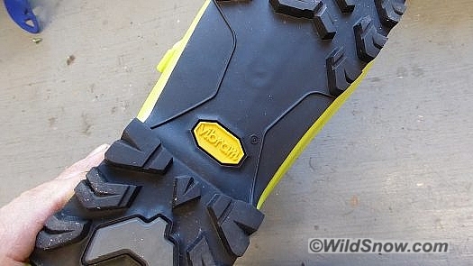 Vibram branded sole appears to be excellent, included hardened AFD interface areas at toe and heel.