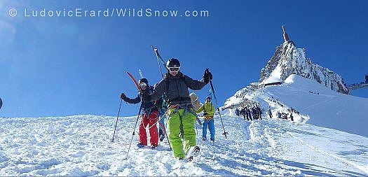 The author(front) and a string of Saveur the Journey skiers coming off the entry ridgeline to the Vallée Blanche. Photo credit Ludovic Erard. The author(front) and a string of Saveur the Journey skiers coming off the entry ridgeline to the Vallée Blanche. Photo credit Ludovic Erard.