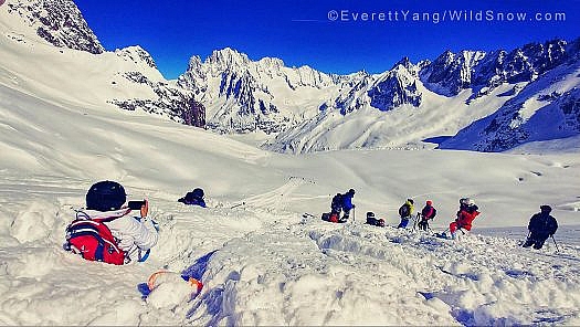 Photo op on a perfect day in the Vallée Blanche.  Photo Credit Everett Yang.