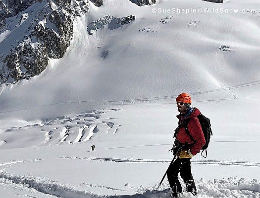 Our guide Ludovic Erard skiing sweep and picking up the pieces when needed. Photo credit Sue Shepler. Our guide Ludovic Erard skiing sweep and picking up the pieces when needed. Photo credit Sue Shepler.