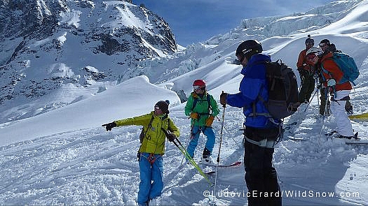 Having a guide is highly recommended. Fix lead us made it clear where it was safe to ski. Photo credit Ludovic Erard. Having a guide is highly recommended. Fix lead us made it clear where it was safe to ski. Photo credit Ludovic Erard.