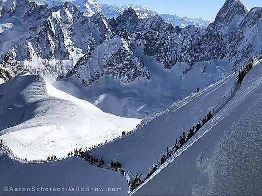 A view onto the ridge that gives access to the start of the skiing portion of the Vallée Blanche. Photo credit Aaron Schorsch. A view onto the ridge that gives access to the start of the skiing portion of the Vallée Blanche. Photo credit Aaron Schorsch.