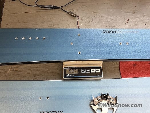 Each ski weighs in at 58.7 grams without any binding interfaces. Factor in your binding set-up for overall weight. Each ski weighs in at 58.7 grams without any binding interfaces. Factor in your binding set-up for overall weight.