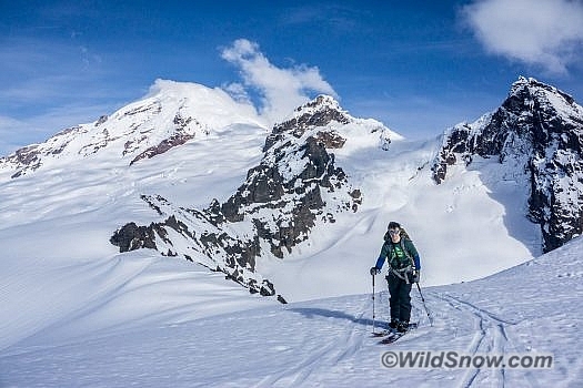 Mike nears the lightning rod with (left to right) Mount Baker, Colfax Peak, Lincoln Peak, and the Thunder Glacier in the background. Mike nears the lightning rod with (left to right) Mount Baker, Colfax Peak, Lincoln Peak, and the Thunder Glacier in the background.