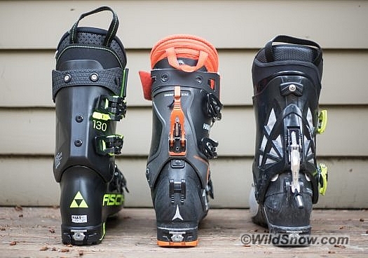 Cuff height comparison. Range Free 130on the left, Atomic Hawx Ultra Xtd 130 in the middle, and Maestrale RS on the right. All boots 27.5. The Ranger is similar height to the Atomic, and a bit higher than the Scarpa.