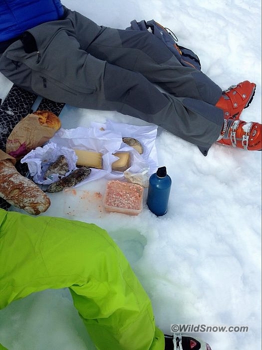 A crusty bread, a couple of hunks of cheese, some dried sausages, and you are set! If you are eating outside like this in France, someone will invariably ski by you and yell a cheery “Bon Appétit! Photo by Aaron Schorsch. A crusty bread, a couple of hunks of cheese, some dried sausages, and you are set! If you are eating outside like this in France, someone will invariably ski by you and yell a cheery “Bon Appétit! Photo by Aaron Schorsch.