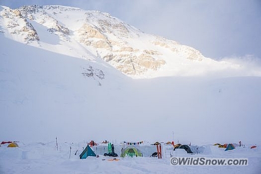 14 Camp with the Messner Couloir, Orient Express, and West Rib in the background.