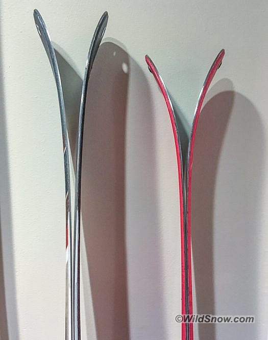 2018-12-09 17.06.05 Tip rocker comparo. 2019 on the left, 2018 on the right. The 2019 is a 179, and the 2018 is a 170 length, so they aren't directly comparable, but it gives you an idea of the increased tip rocker on the new 2019 skis.