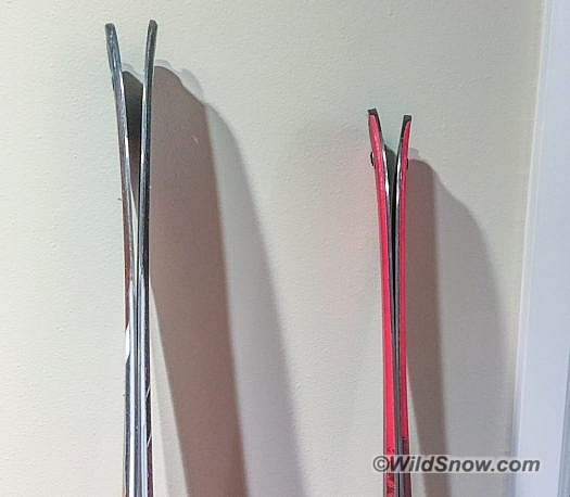 2018-12-09 17.07.30 Same comparison for the tail rocker. 2019 on the left, 2018 on the right. The 2019 is a 179, and the 2018 is a 170 length, so they aren't directly comparable. The tail rocker isn't as dramatically different as the tip rocker on the new skis. Looks like there's a tad more than there used to be.