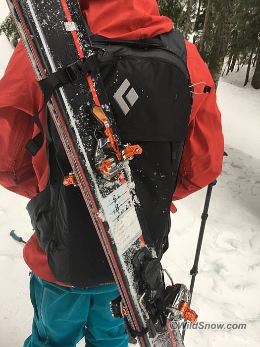 The ski carry works well, although the bottom loop is barely large enough for my 115 underfoot skis. The ski carry works well, although the bottom loop is barely large enough for my 115 underfoot skis.