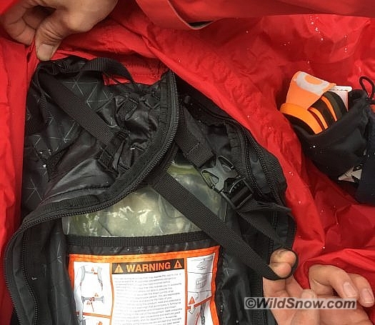 The top straps for the diagonal ski carry are routed inside the airbag compartment, under the airbag, and connect directly to the shoulder strap of the pack. This is awesome;the skis carry well even if the pack isn’t full. The top straps for the diagonal ski carry are routed inside the airbag compartment, under the airbag, and connect directly to the shoulder strap of the pack. This is awesome;the skis carry well even if the pack isn’t full.