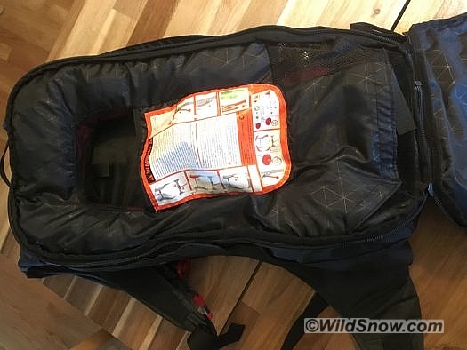 Open pack showing airbag components and interior. As you can see, the Jetforce Pro is fairly bulky, and takes up quite a bit of room in the pack. Open pack showing airbag components and interior. As you can see, the JetForce Pro is fairly bulky, and takes up quite a bit of room in the pack.