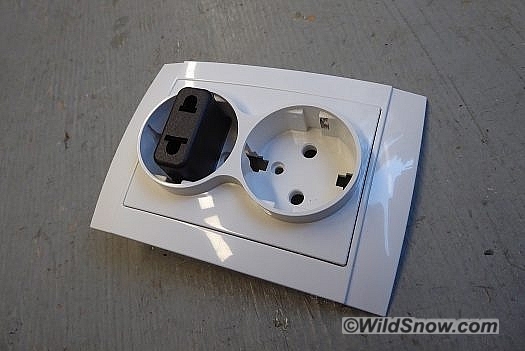 Euro outlet with North American adapter. Euro outlet with North American adapter.