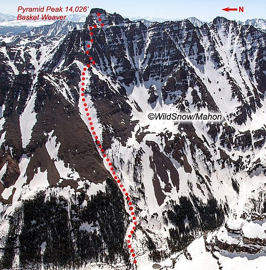 Pyramid Peak, Colorado, as viewed from the west. My 1988 "Basket Weaver" ski descent marked. Photo by Ted Mahon. Pyramid Peak, Colorado, as viewed from the west. My 1988 "Basket Weaver" ski descent marked. Photo by Ted Mahon.