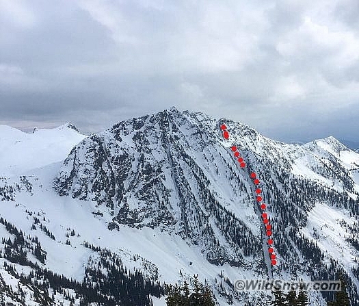 View of the 2 Couloirs from Giegerich ridge - they look like they connect, but they don't! The couloirs are just lookers left of the red line. KGR has two entrances at the top, we skied the lookers left one. 