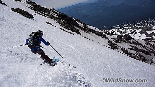 Krystin ripping a turn on the upper portion of Lava Glacier Headwall. Corn quality is superb