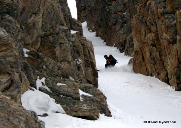 Praised for its beautiful, sustained 35-degree pitch sandwiched between dramatic rock walls, Terminal Cancer Couloir is a worthy rest stop for the skier passing through Nevada along I80. Pictured above: the fun, tight skiing we hoped to do, but didn't. Photo: Anton Sponar