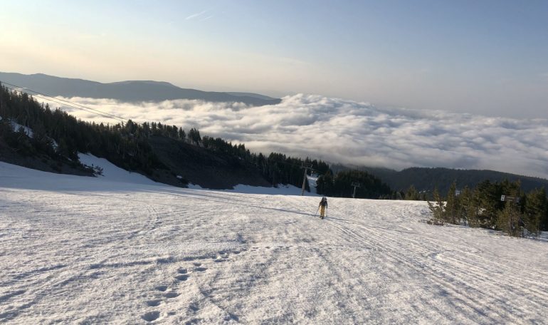 Skinning up through a classic PNW inversion as we leave Mount Hood Meadows behind
