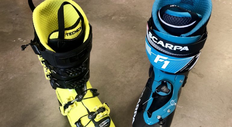 On the left the Tecnica Zero G Pro Tour shows what a light "overlap" construction looks like, the Scarpa F1 is the traditional touring boot "tongue" style.