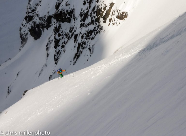 a beautiful line that we were working on.  We had seen some recent activity and got some pit results within the new snow ? of the way up.  We were so far out there, and above ice cliffs.  We decided to ski down from a safe zone which was incredible powder