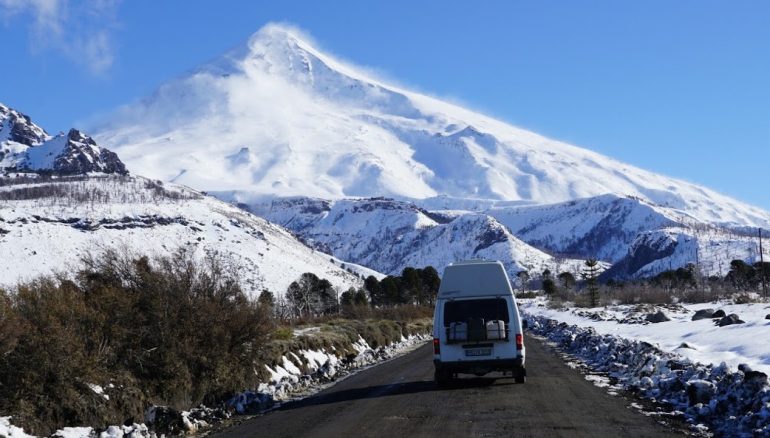 Trusty "Paco” beneath Volcan Lanín. Not depicted in the photo: Paco getting nearly blown off the road by the infamous Patagonian wind gusts. Photo: Andy Sovick