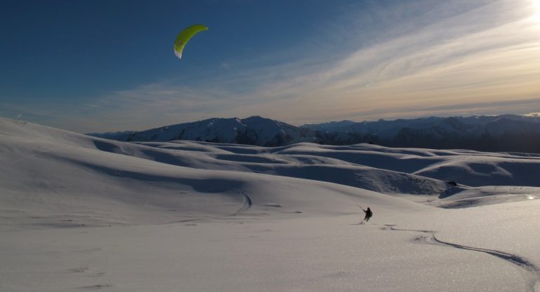A sunset pow session on Mt Pisa in southern New Zealand. When it all comes together - wind, snow, visibility and skills - your backcountry tours enter a whole new universe of fun and possibilities.