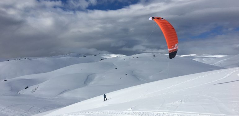 Kite-making technology is continually and rapidly evolving. Here, OZONE Kites' co-founder Matt Taggart is playing with Hyperlink, a high-performance snow kite that can also be used on water 