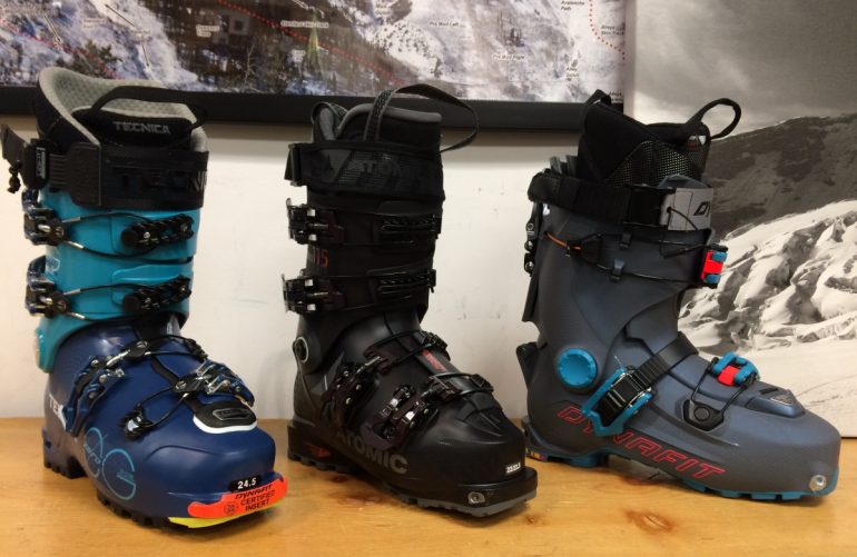 The growing category of stiffer, performance oriented options that can tour. Left to right: Tecnica Zero G Scout Tour W, Atomix Hawx Ultimate XTD W, Dynafit Hoji Pro Tour W.