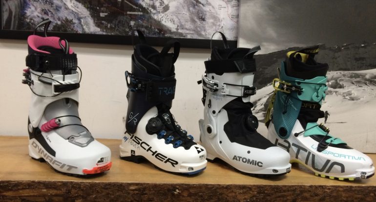 For ski touring and ski mountaineering, light boots that offer efficiency on the up with varying degrees of performance on the down. Left to right: Dynafit TLT7, Fischer My Travers, Atomic Backland Expert W, La Sportiva Sytron