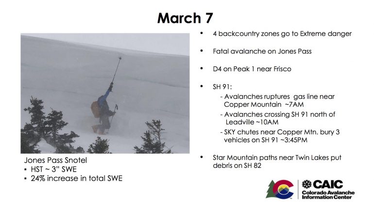 A Power Point slide from Lazar's talk. Each day of the storm cycle resulted in similar magnitudes of destruction and road closures. The photo of the crown on the left gives good scale for just how big these avalanches were breaking.