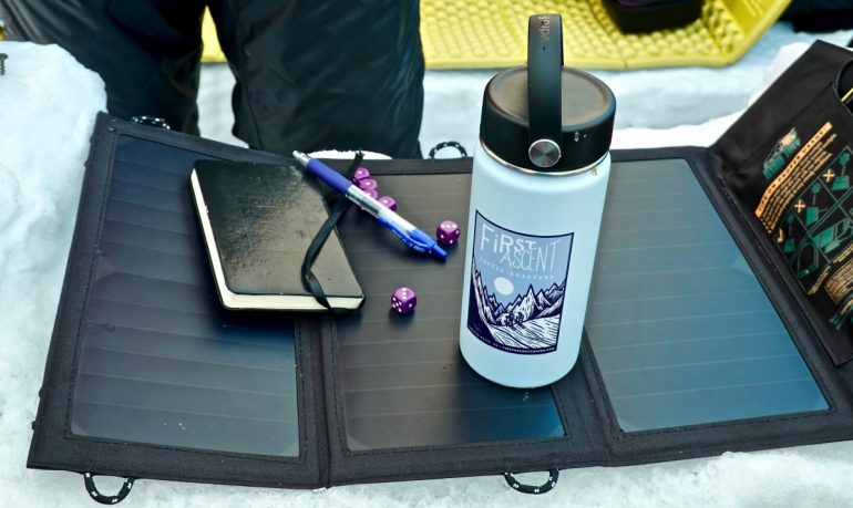 The Ryno 21w solar panel could be used as a dice board while charging “indoors”. Even the tasty First Ascent coffee couldn’t keep me sharp enough to beat Drew in Farkle.
