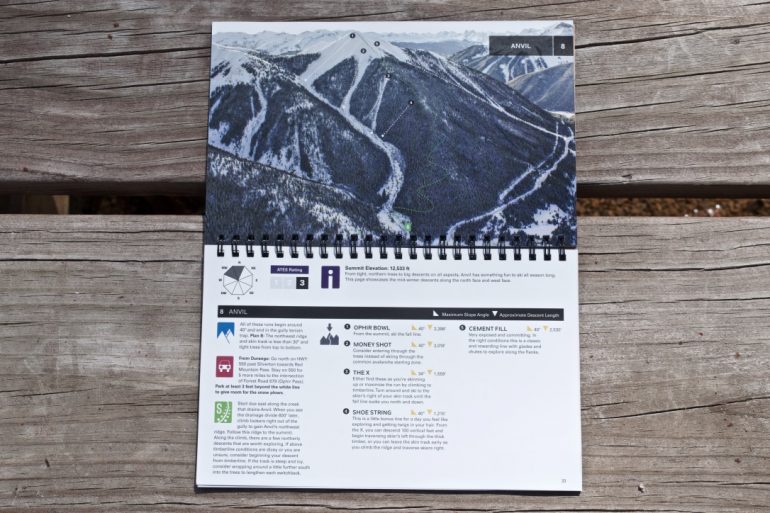 The basic layout of Beacon Guidebooks Off-Piste Atlas series: photo of a zone on one side, logistical information on the other.