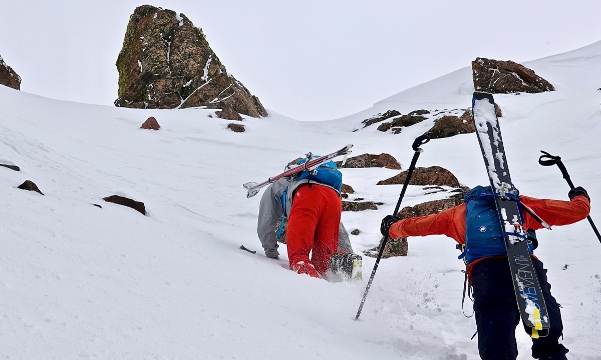 Moving quickly in thin shell pieces without mid layers last spring. Doug sets the punchy faceted boot pack last spring in FutureLight LT while Chris opts for a thin Arcteryx climbing softshell top and mid weight bottom.