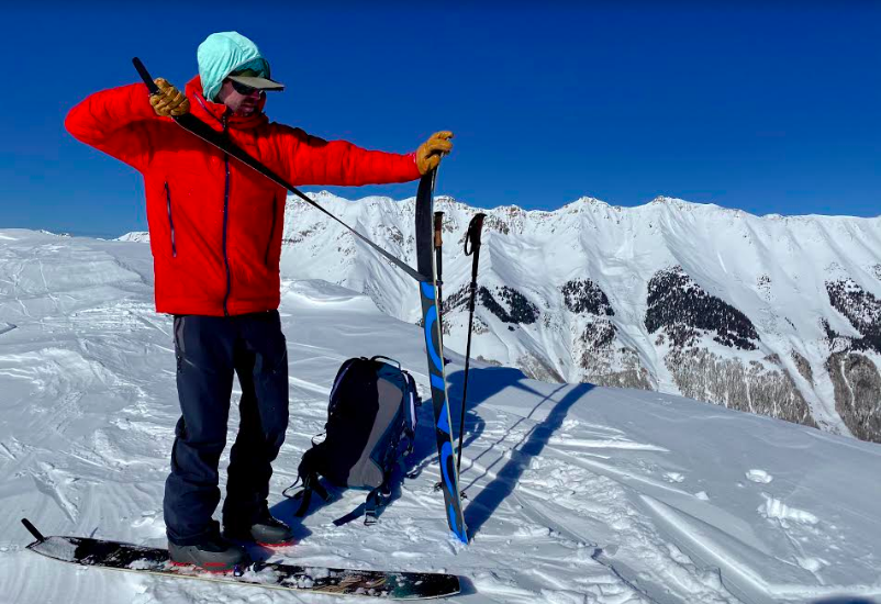 Caption: In firm snow, or in an exposed spot, make sure you firmly plant your ski/board so that you don't lose it to gravity. Half of a my splitboard sliding down the slope might be one of my worst fears.