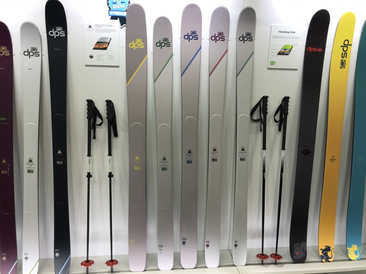 The Pagoda Tour line, center, is DPS's latest touring innovation, featuring aerospace foam, carbon, paulownia, ash and a full sidewall.
