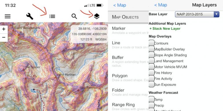 The CalTopo mobile app gives you the same power to change 'layers' and build 'objects'.