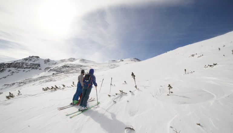 Looking up towards Hourglass on the way to Aneroid mountain. Hourglass couloir is in view on the left.