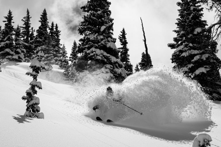 Black and white images are a great way to show texture in the snow. Knowing how I wanted the final image to look, my goal was to have the snow to look white, but not overexposed. It’s a fine line! Camera: Canon 7dmkii with 24-70f4 at 1/1600, f7.1, ISO 125, at 70mm. Skier: Gary Fondl