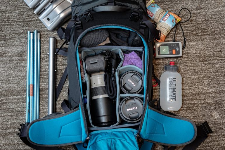 The typical kit for a day of backcountry shooting.