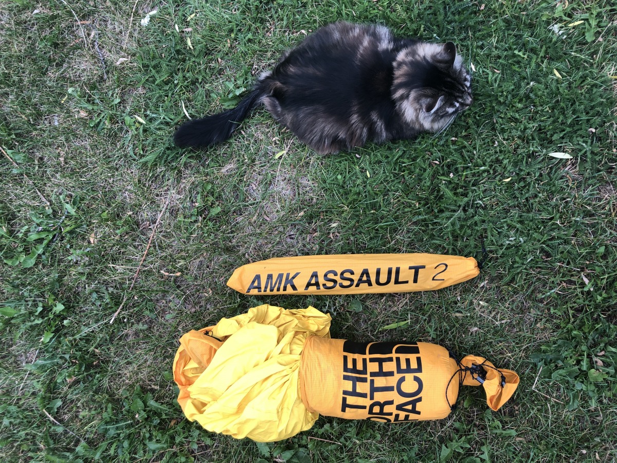 The tent packs down quite small as illustrated by the cat scale, though I found it impossible to stuff the tent back in the stuff sack once I had unstuffed it.