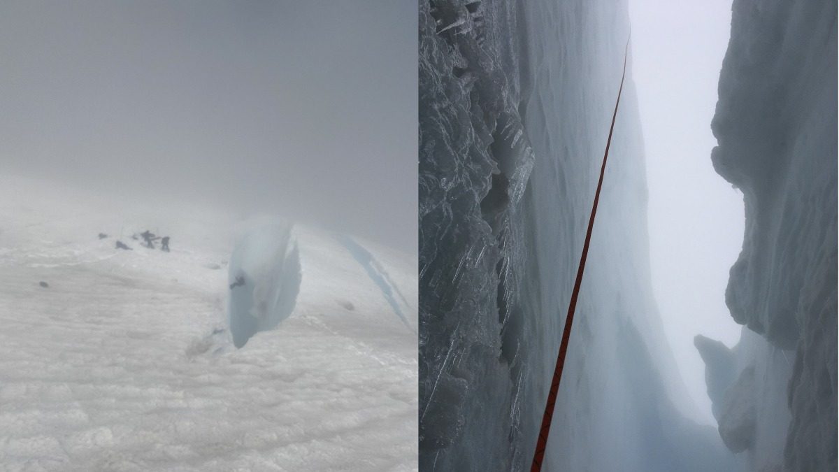 Louie being hauled out by Kristen and Connor left). I was permitted to step away to take this fairly epic shot from a safe snow bridge uphill from the crevasse. It’s bigger than it looks! Right) The view from the inside the crevasse.