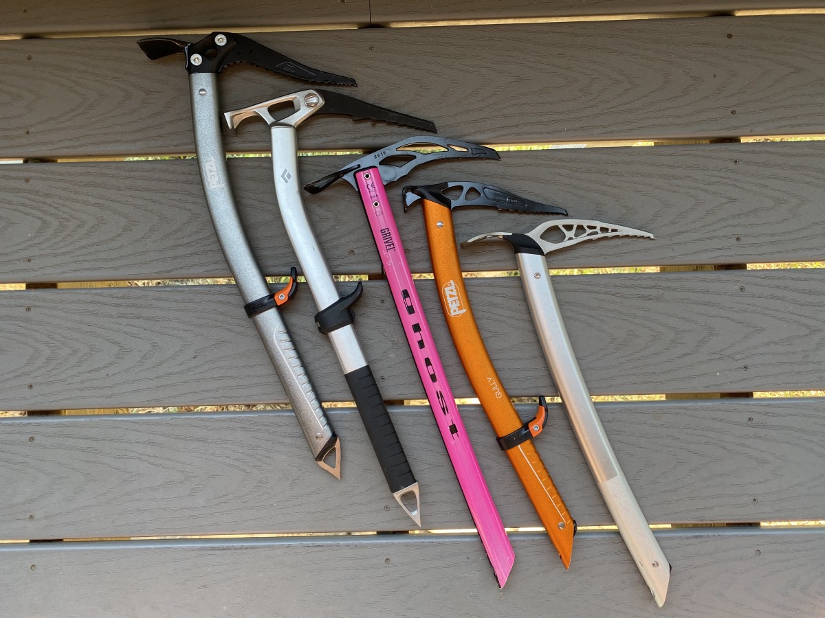 The line up as tested from left to right - Petzl Sum'tec (adze, 55cm), Black Diamond Venom (hammer, 50cm), Grivel Ghost (adze, 50cm), Petzl Gully (hammer, 45cm), Blue Ice Hummingbird (45cm).