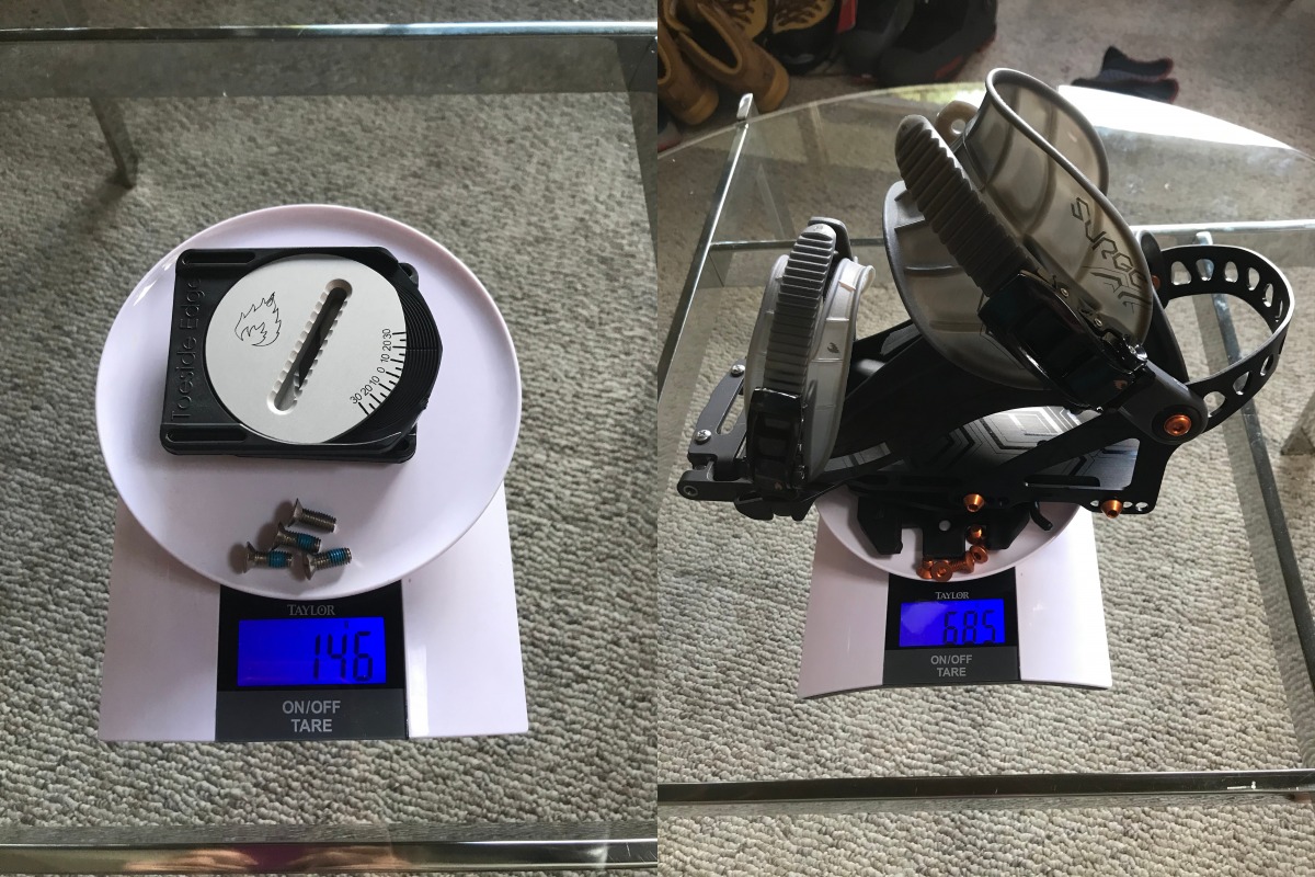 685g for a [half] touring set up. Tesla Bracket, T1 Heel Rest, Pro Binding, and all of those beautiful screws + 146g for two spark pucks with their hardwear. 1662g Total to outfit your splitboard. This is the honest componentry weight, and should be considered when doing light and fast research. Different products utilize different numbers of screws, and different materials. You can also save 40g on a complete setup by swapping out traditional Voile pucks.