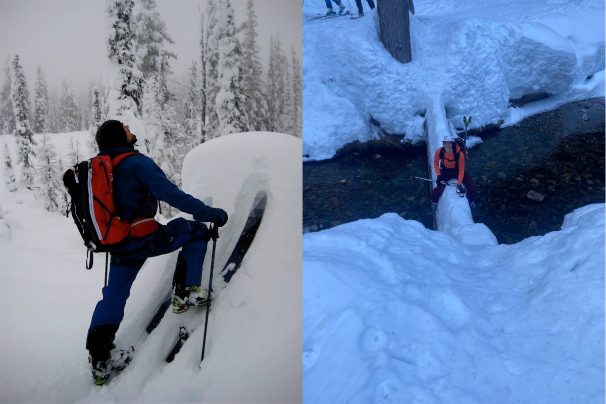 Common stretching scenarios: On the left, a demonstration of how one can do a lunging hip flexor stretch while on skis. Or as some may have captioned this photo “The struggle is REAL”. (because oh my god, my hips are so tight) Photo: Chris Morgan  On the right: Slippery creek crossings require good flexibility and balance, and you bet stretching helps with both!