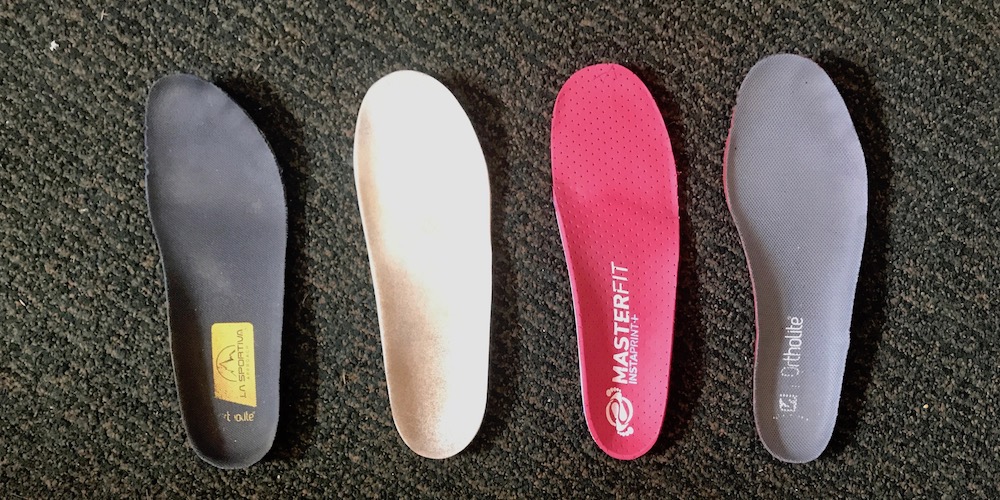 Here are a few footbeds that vary in quality. The center two are custom footbeds, the outer two are rebranded Ortholites (a common stock foodbed). The red Masterfits were custom molded for my Zero G boots by Sam.