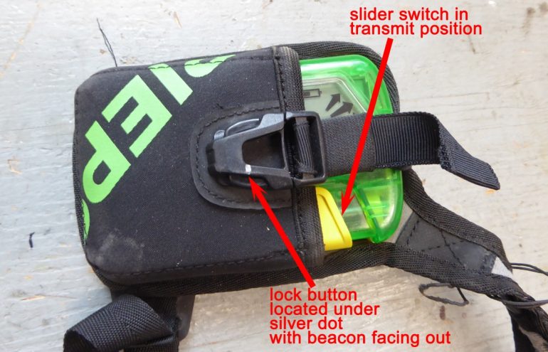 Beacon facing out, in transmit mode. The lock is located under a pressure point.