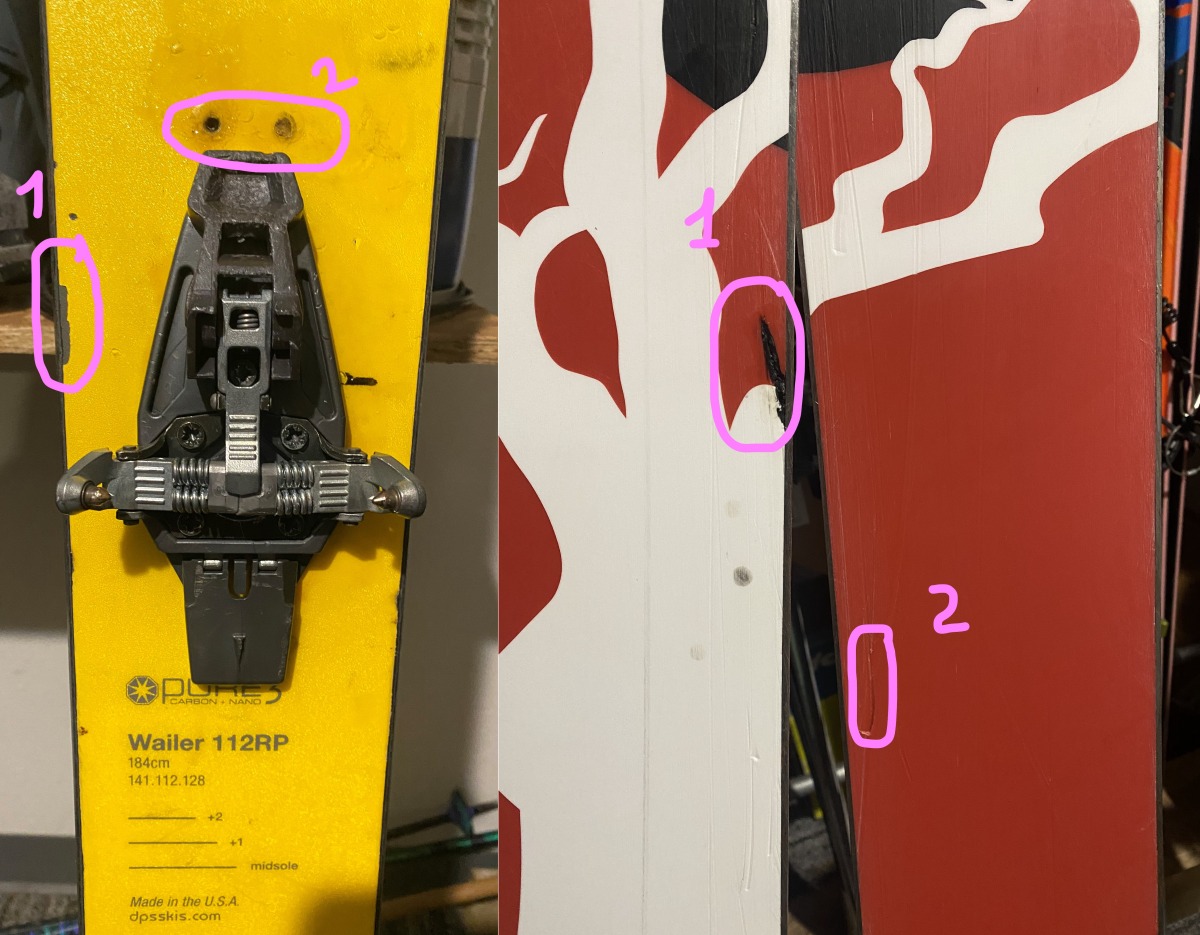 LEFT: Circle #1 shows some visible top sheet scratching, but it is only cosmetic. In circle #2, spot the extra holes that indicate this ski has been mounted at least twice. The holes were not filled with glue or plugs to protect from water getting in, which creates more opportunities for wear. RIGHT: Circle #1 shows a core shot near the edge, not ideal, however the edge is in decent shape and the patch job appears to have held well (it’s not recently done). Circle #2 shows basic base scratches, which are usually nothing to worry about.