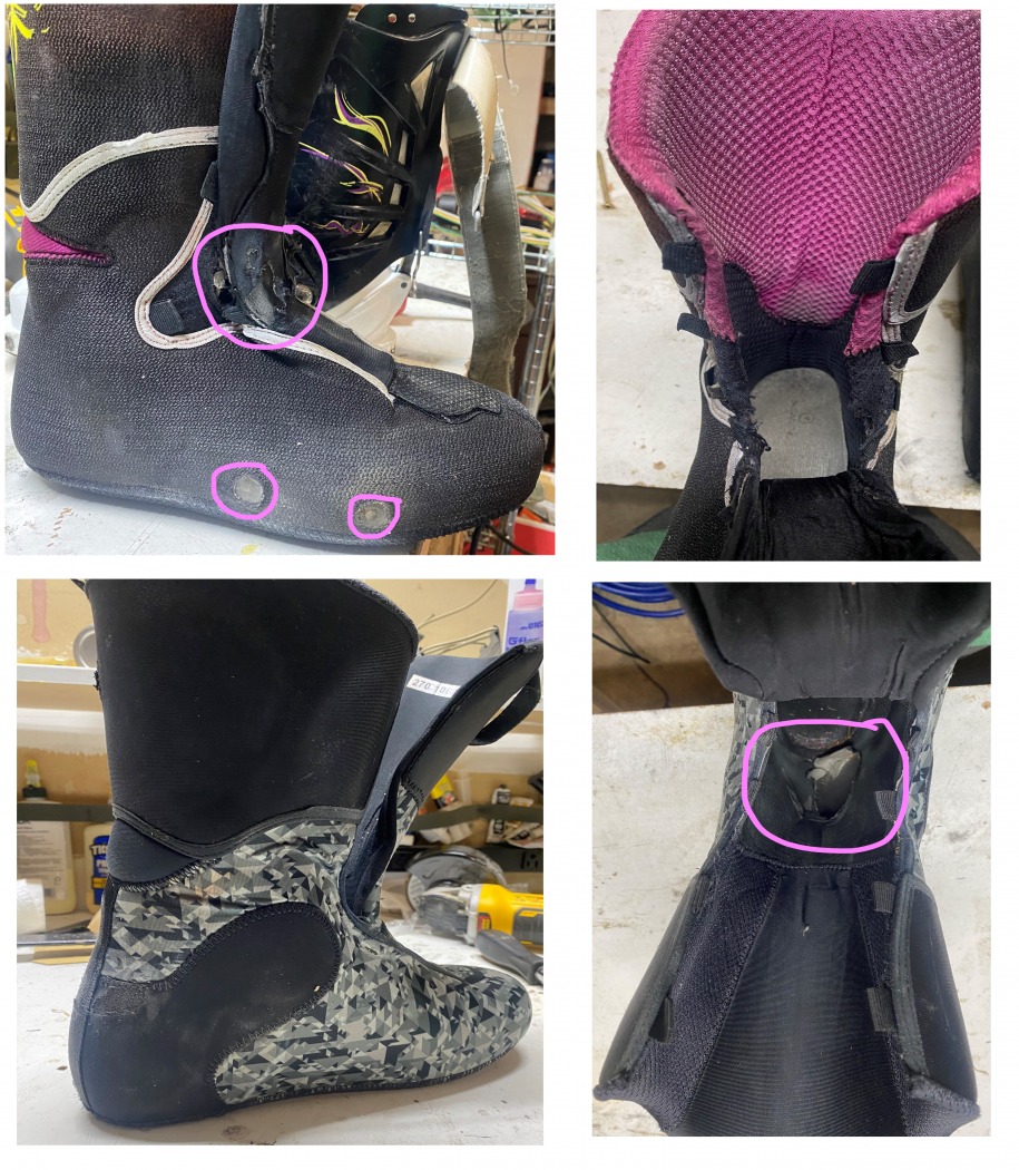 Comparison of two different liners. One has lots of wear and tear on the outside, however the inside looks solid. This in contrast to another liner that looks to have minimum wear and tear on the outside, but is completely worn in the heel on the inside.
